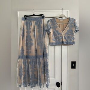 Altar'd State Blue Lace Overlay skirt on nude and matching top